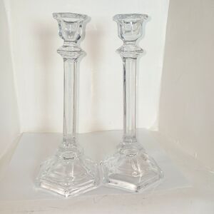 Pair of 2 Clear Glass Hexagonal Candlestick Holders 9” Tall Holiday Centerpiece